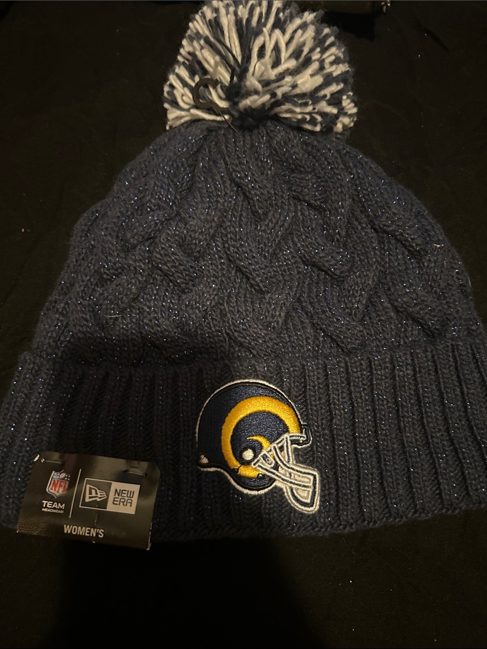 New Era Navy and White Pom-Pom Beanie with Rams Helmet Patch